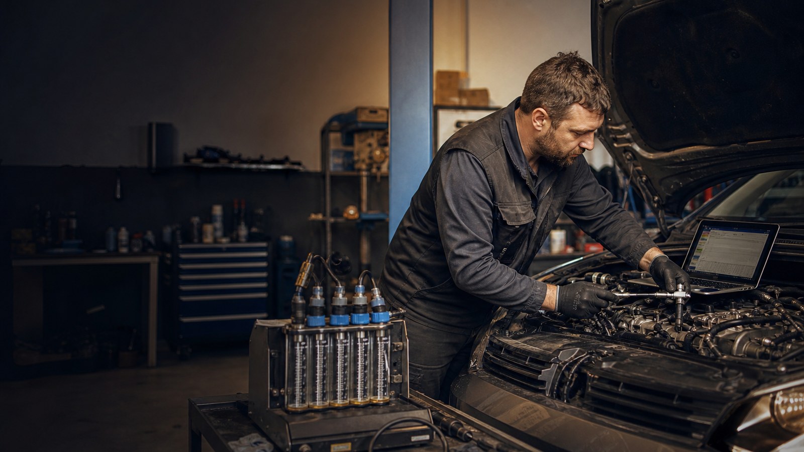 Mechanikas diagnozuoja dyzelinio automobilio kuro sistemą